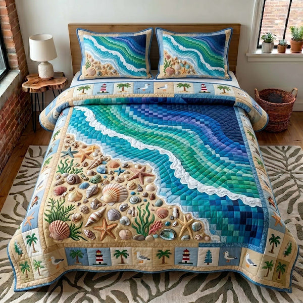 Coastal Whisper 3-Piece Quilted Bedding Set - Design 25 — quilt and two matching pillow shams
