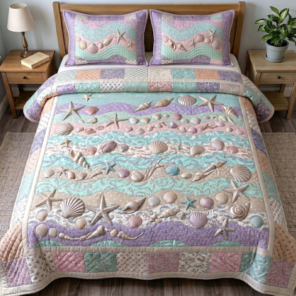 Coastal Whisper 3-Piece Quilted Bedding Set - Design 29 — quilt and two matching pillow shams
