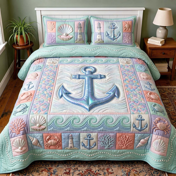 Coastal Harmony quilted 3-piece bedding set on a made bed in a light coastal bedroom