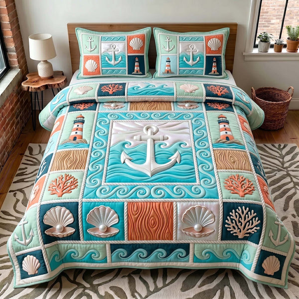 Coastal Harmony quilted 3-piece bedding set on a made bed in a light coastal bedroom