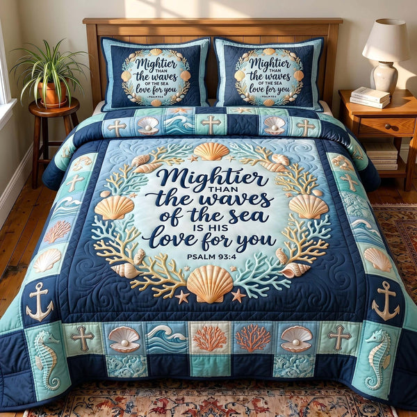 Coastal Blessings quilted 3-piece bedding set on a made bed in a light coastal bedroom