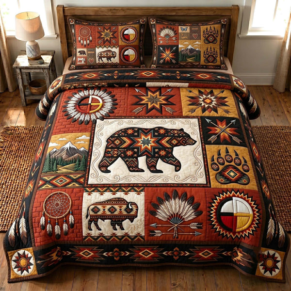 Ancestral Roots quilted 3-piece bedding set on a made bed with two matching pillow shams