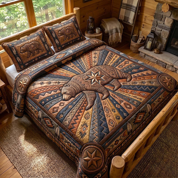 Ancestral Bear quilted 3-piece bedding set on a made bed with two matching pillow shams