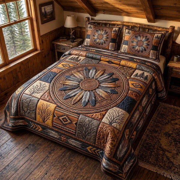 Ancestral Roots quilted 3-piece bedding set on a made bed with two matching pillow shams