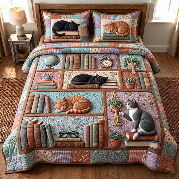 Bookish Soul quilted 3-piece bedding set on a made bed with two matching pillow shams