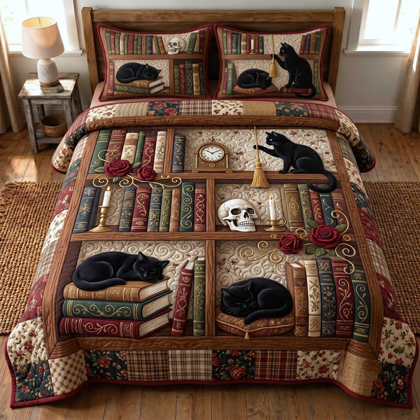Bookish Soul quilted 3-piece bedding set on a made bed with two matching pillow shams