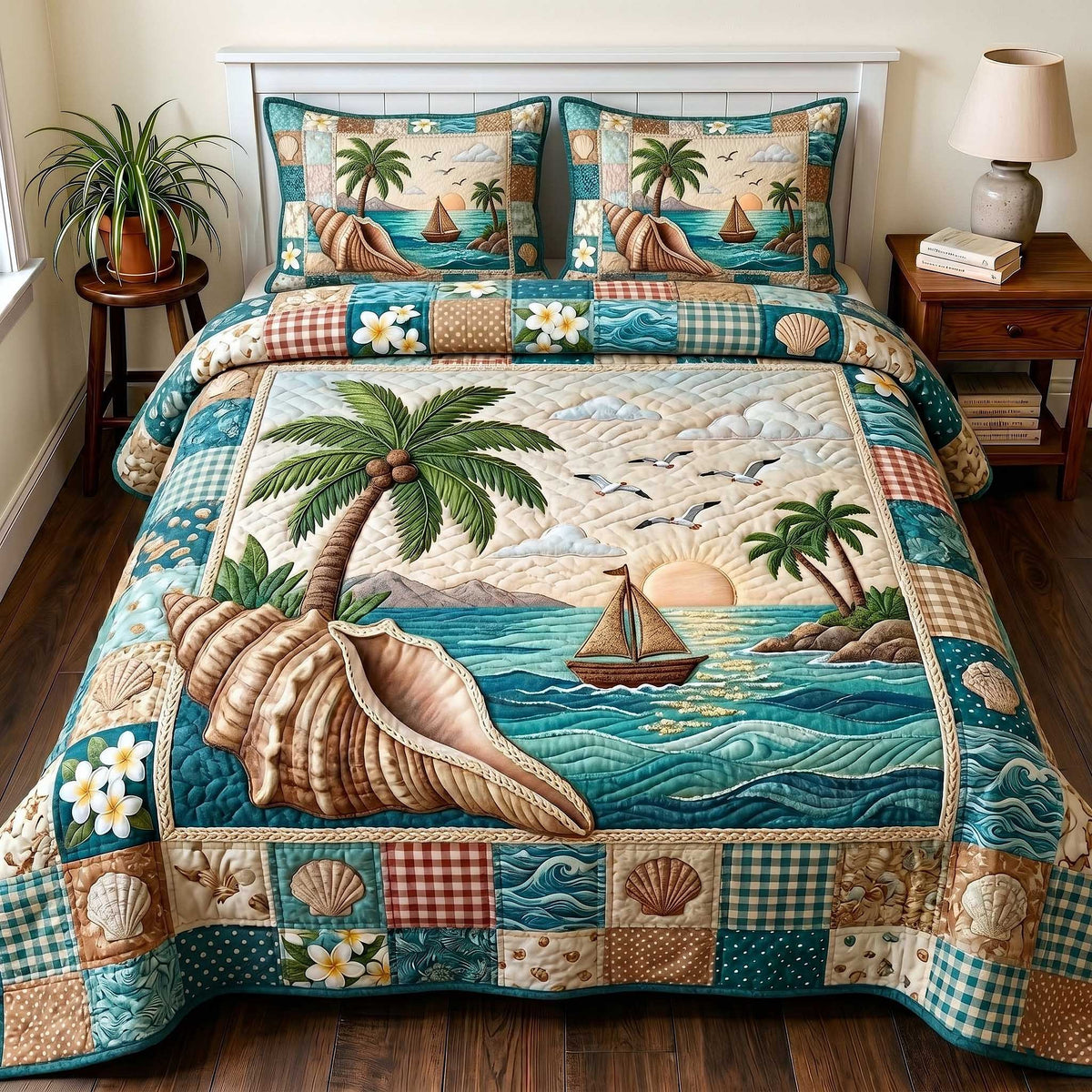 Coastal Serenity 3-Piece Quilted Bedding Set - Design 6 — quilt and two matching pillow shams
