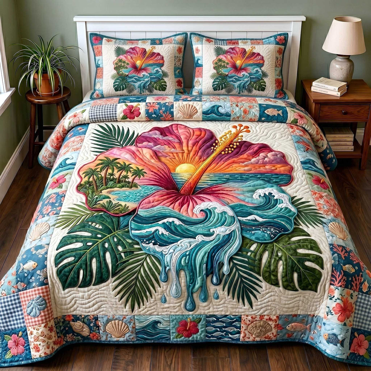 Coastal Serenity 3-Piece Quilted Bedding Set - Design 8 — quilt and two matching pillow shams