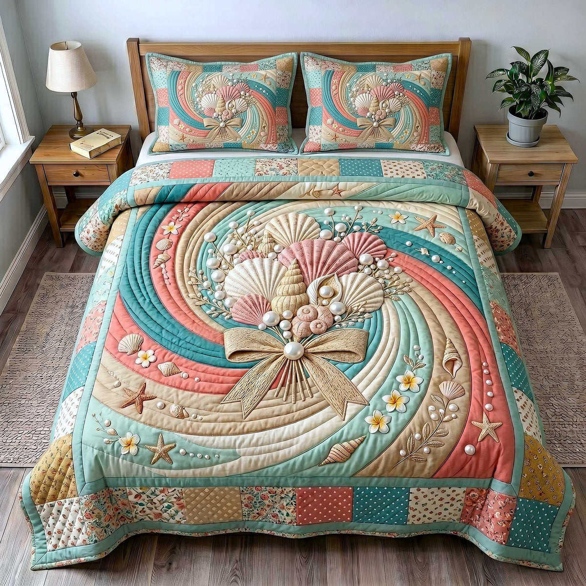 Coastal Serenity 3-Piece Quilted Bedding Set - Design 10 — quilt and two matching pillow shams