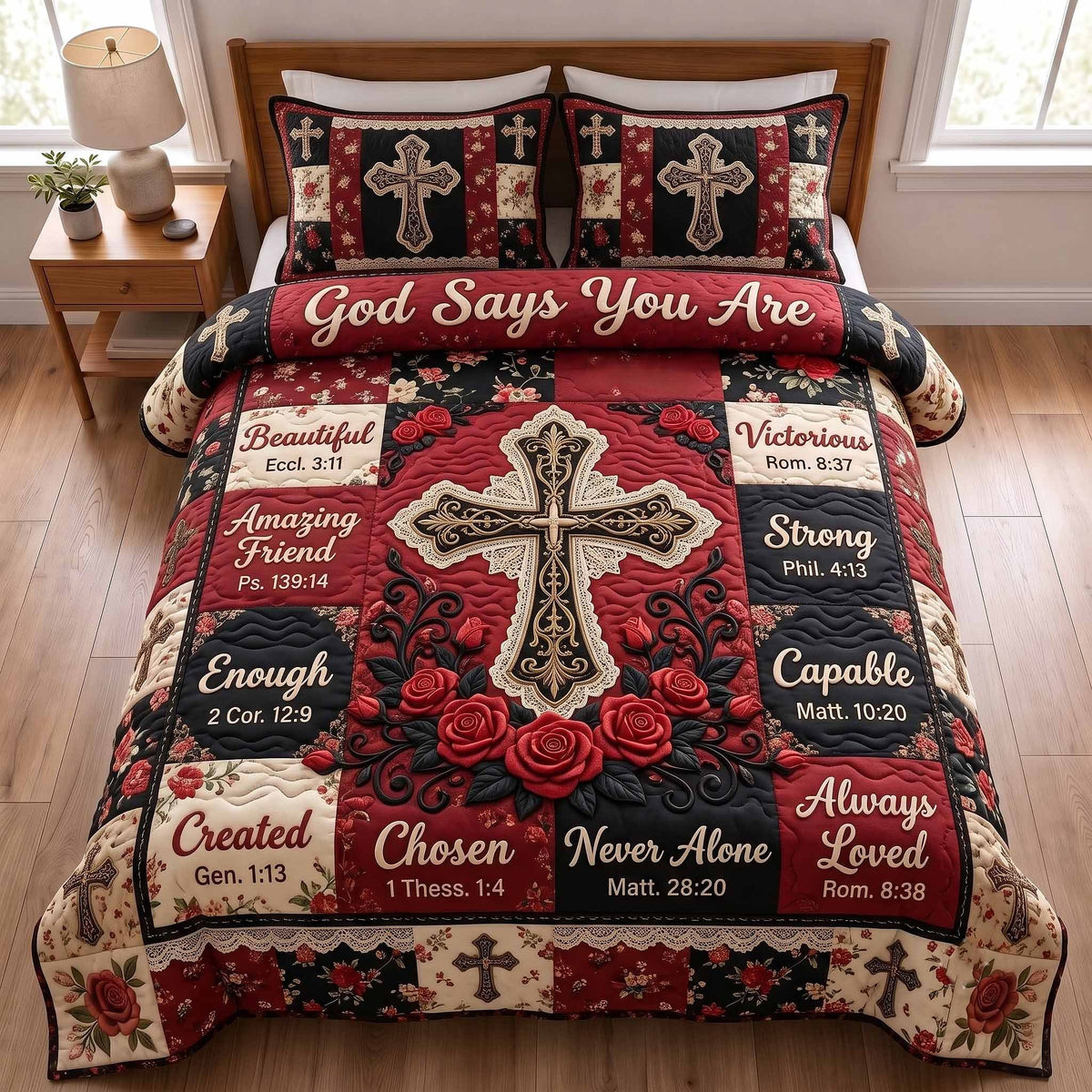 Floral Bible 3-Piece Quilted Bedding Set - Design 125 — quilt and two matching pillow shams