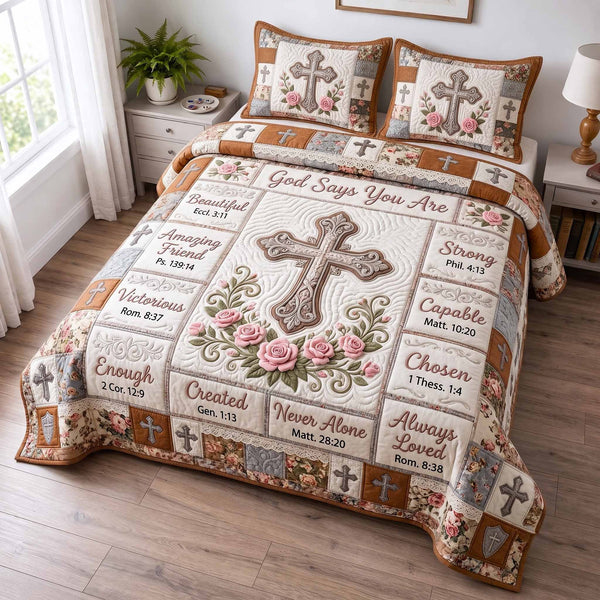 Floral Bible 3-Piece Quilted Bedding Set - Design 127 — quilt and two matching pillow shams