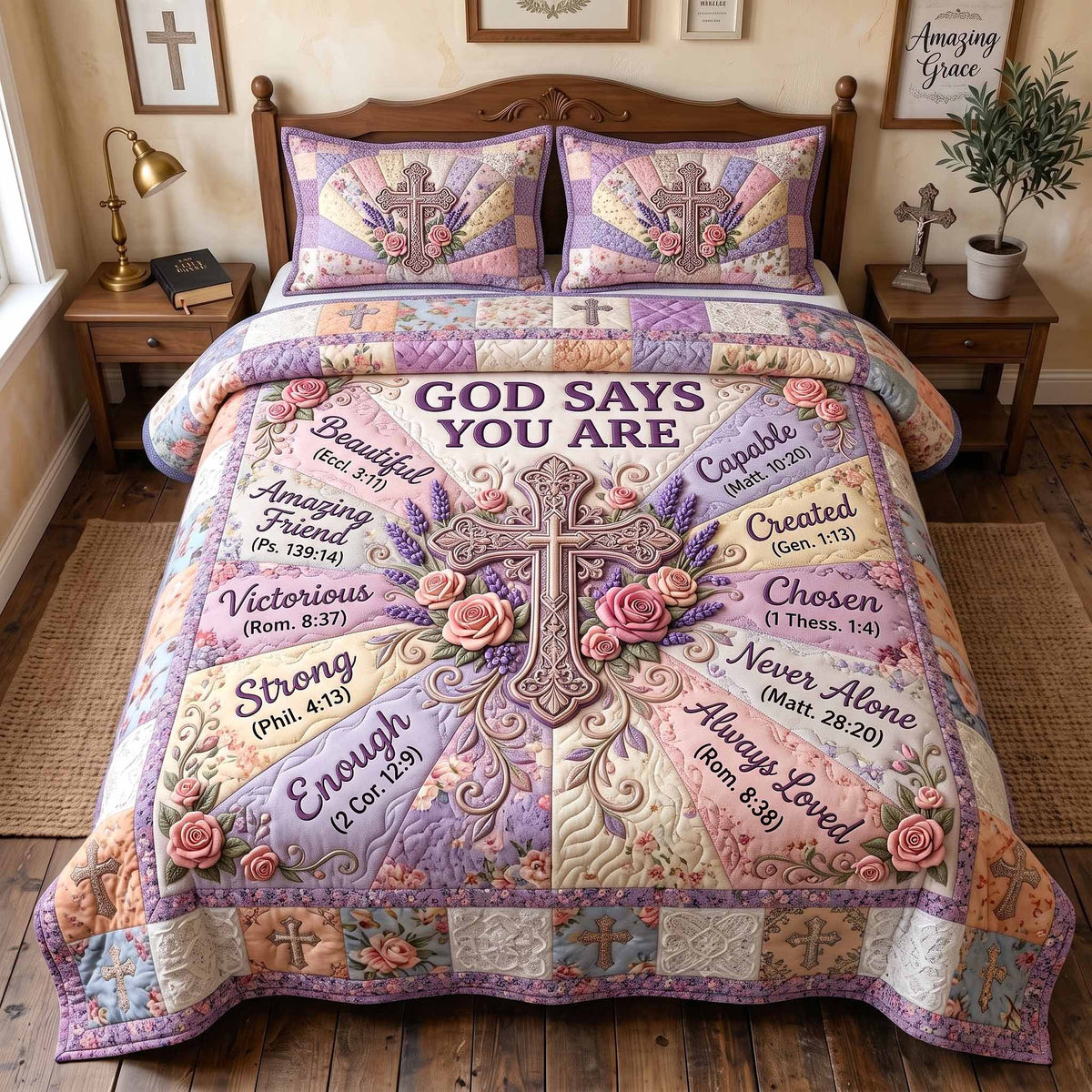 Floral Bible 3-Piece Quilted Bedding Set - Design 128 — quilt and two matching pillow shams