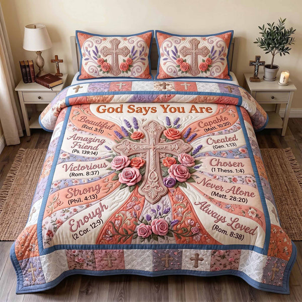 Floral Bible 3-Piece Quilted Bedding Set - Design 129 — quilt and two matching pillow shams