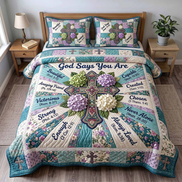 Floral Bible 3-Piece Quilted Bedding Set - Design 130 — quilt and two matching pillow shams