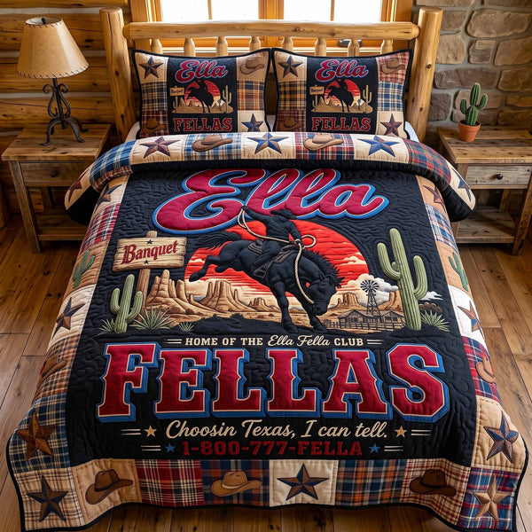 Ella Fella Club quilted 3-piece bedding set on a made bed with two matching pillow shams