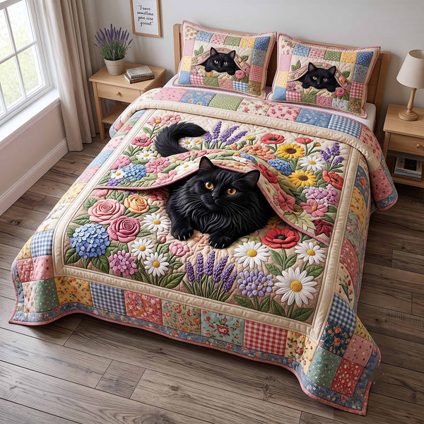 Black Cat In Bloom quilted 3-piece bedding set on a made bed with two matching pillow shams