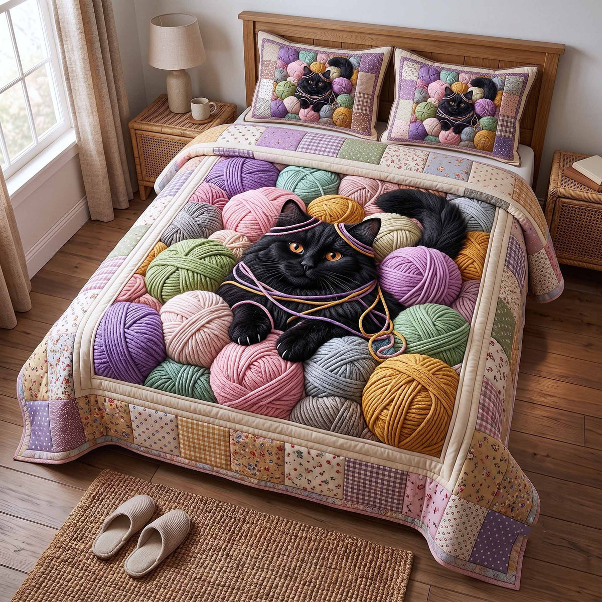 Curious Black Cat 3-Piece Quilted Bedding Set — quilt and two matching pillow shams
