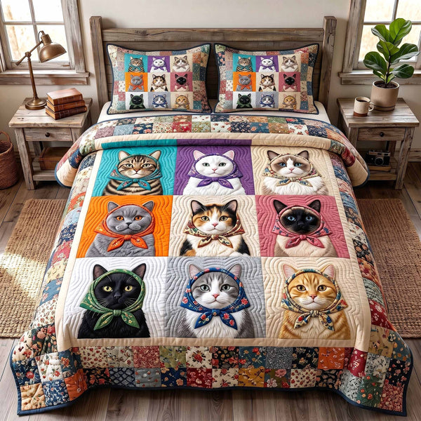Cattitude Club quilted 3-piece bedding set on a made bed with two matching pillow shams