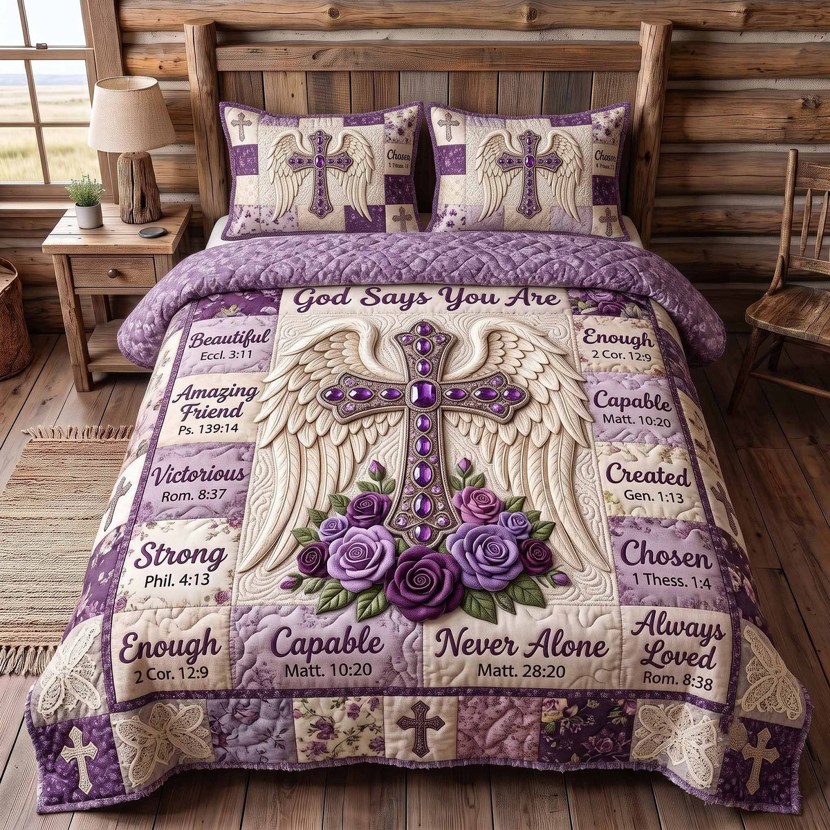Floral Bible 3-Piece Quilted Bedding Set - Design 131 — quilt and two matching pillow shams