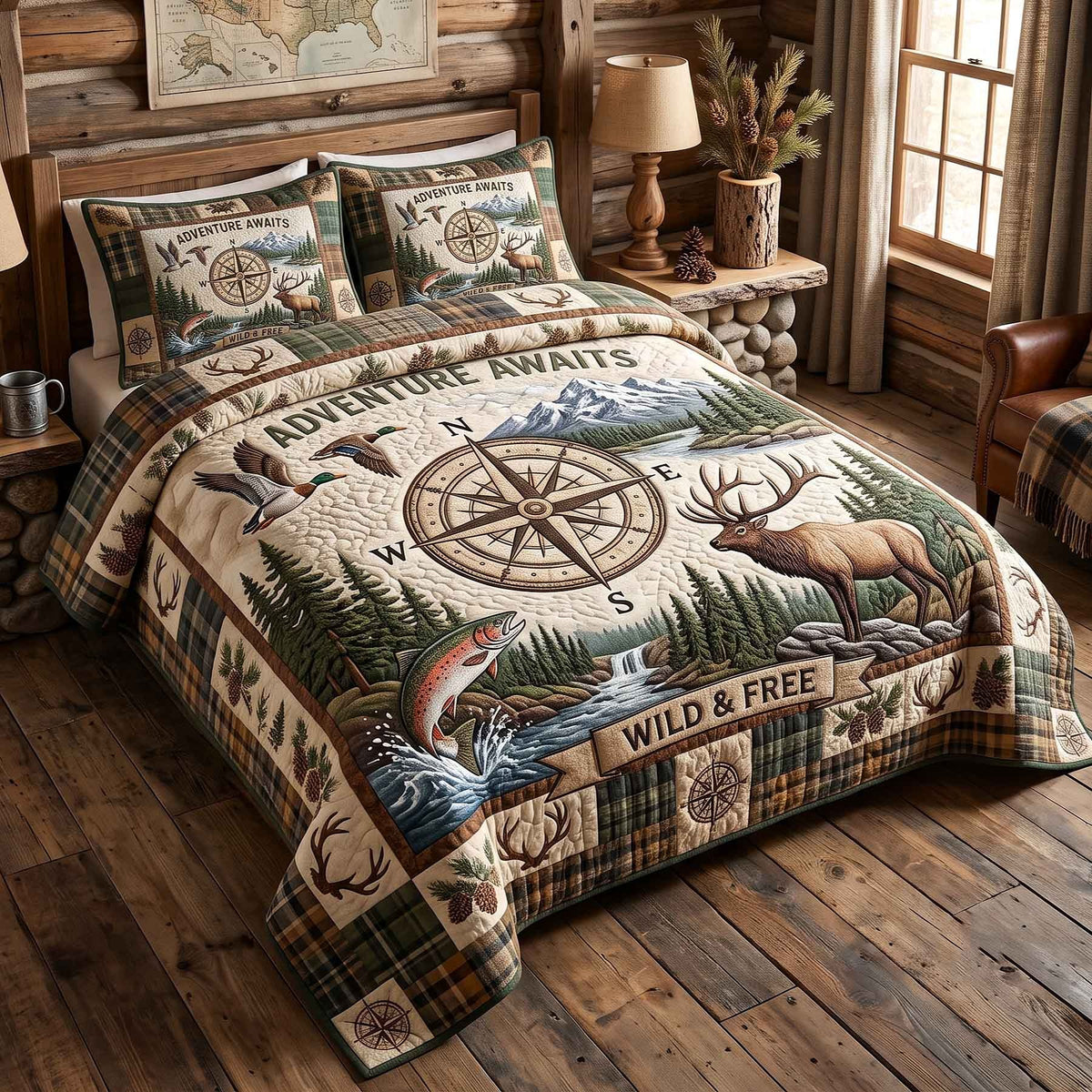 Adventure Awaits 3-Piece Quilted Bedding Set - Design 3 — quilt and two matching pillow shams