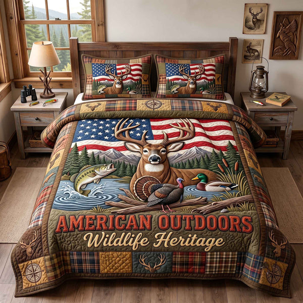 American Outdoors Wildlife Heritage quilted 3-piece bedding set on a made bed in a warmly lit bedroom