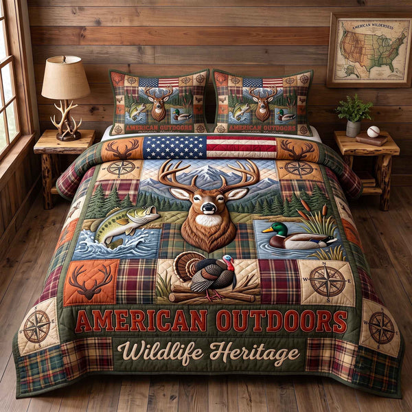 American Outdoors Wildlife Heritage quilted 3-piece bedding set on a made bed in a warmly lit bedroom