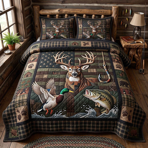 American Outdoors Wildlife Heritage quilted 3-piece bedding set on a made bed in a warmly lit bedroom