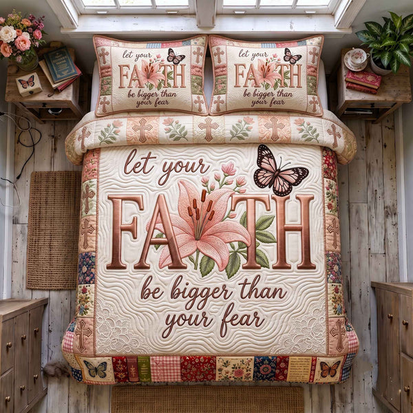 Floral Faith quilted 3-piece bedding set on a made bed in a softly lit bedroom
