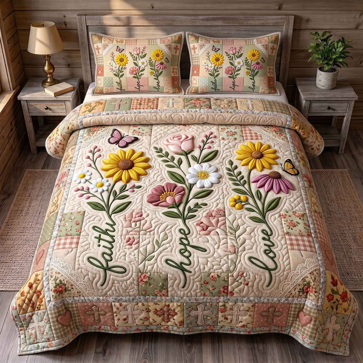 Faith Hope Love 3-Piece Quilted Bedding Set - Design 3 — quilt and two matching pillow shams