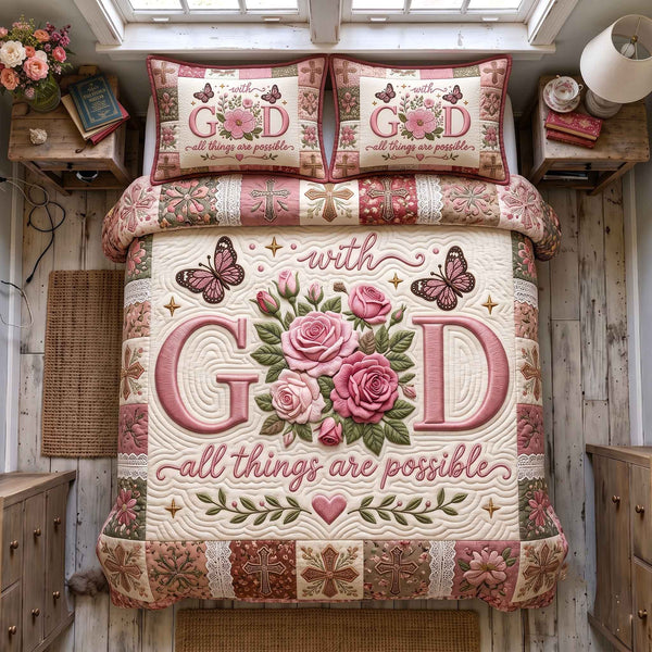 Floral Faith quilted 3-piece bedding set on a made bed in a softly lit bedroom