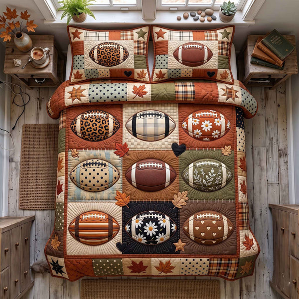 Autumn Gridiron quilted 3-piece bedding set on a made bed with two matching pillow shams