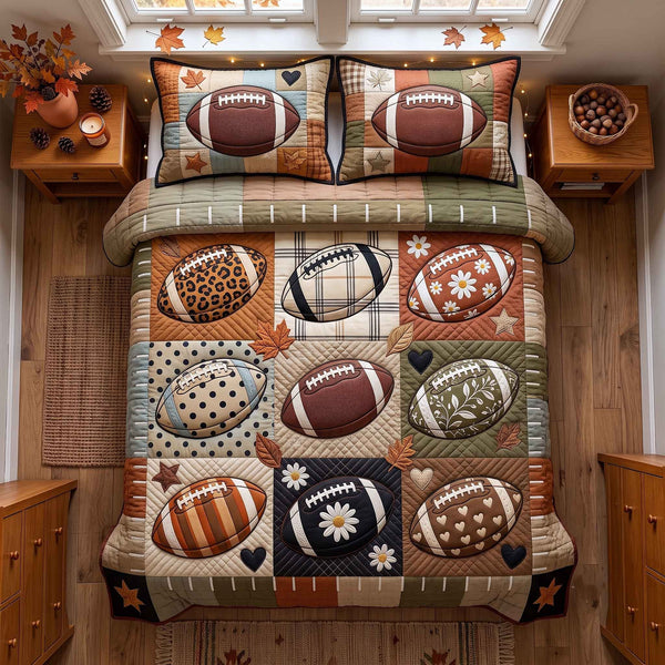 Autumn Gridiron quilted 3-piece bedding set on a made bed with two matching pillow shams