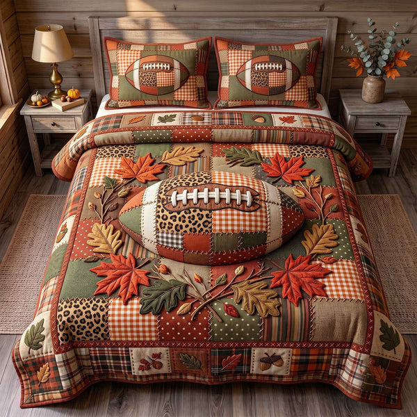 Autumn Gridiron quilted 3-piece bedding set on a made bed with two matching pillow shams