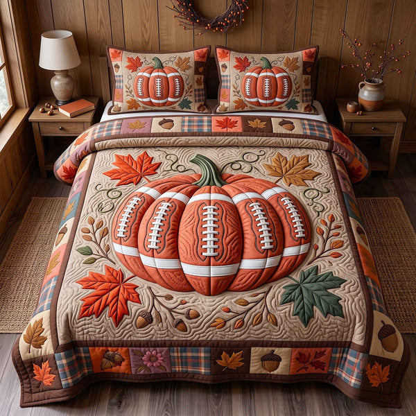 Autumn Gridiron quilted 3-piece bedding set on a made bed with two matching pillow shams