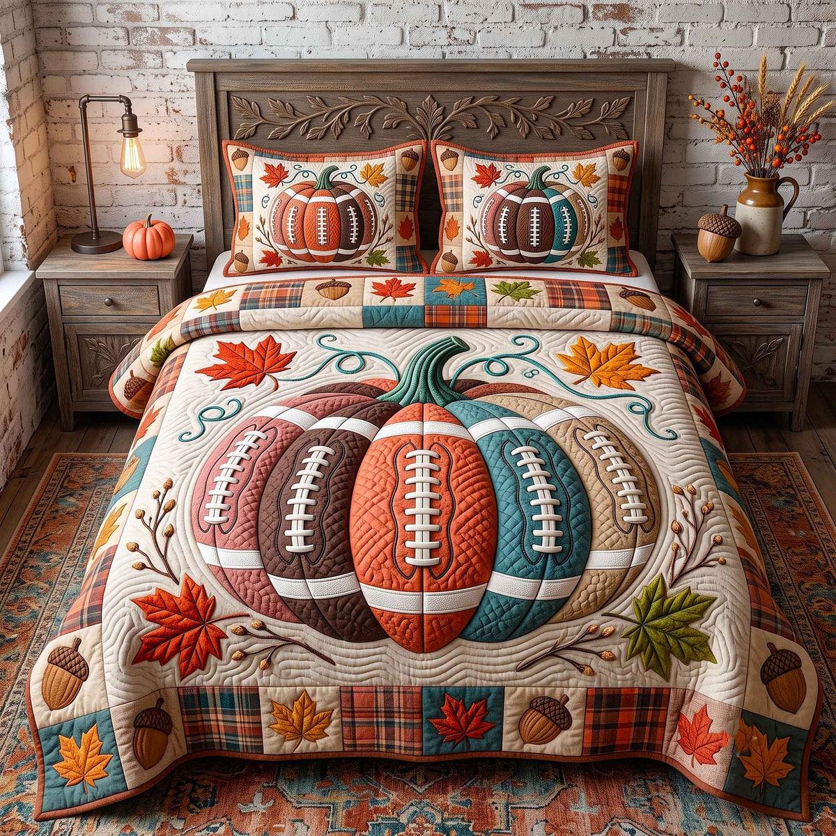 Autumn Gridiron 3-Piece Quilted Bedding Set - Design 5 — quilt and two matching pillow shams