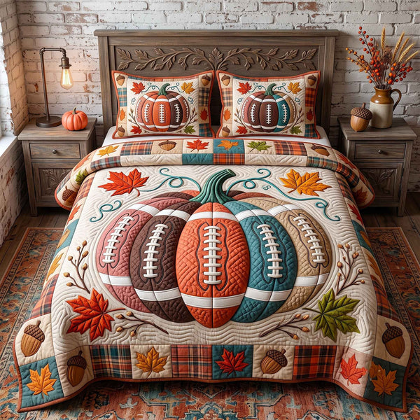 Autumn Gridiron quilted 3-piece bedding set on a made bed with two matching pillow shams