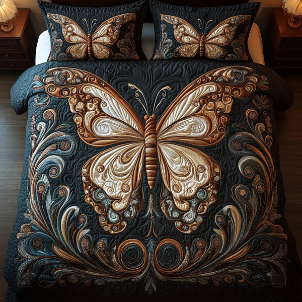 Butterfly Dreamscape quilted 3-piece bedding set on a made bed with two matching pillow shams
