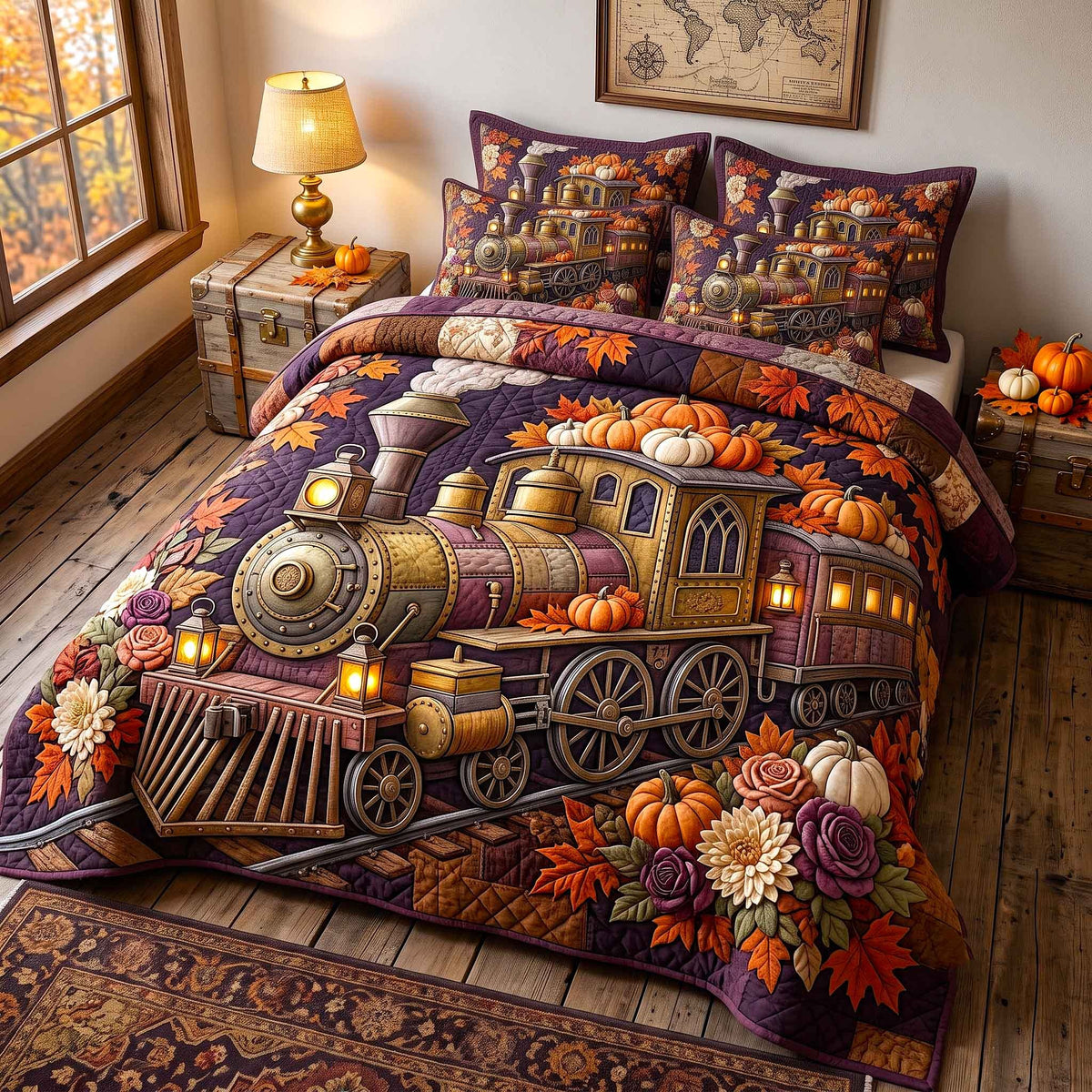 Autumn Express 3-Piece Quilted Bedding Set - Design 1 — quilt and two matching pillow shams