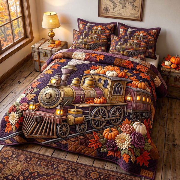 Autumn Express quilted 3-piece bedding set on a made bed with two matching pillow shams