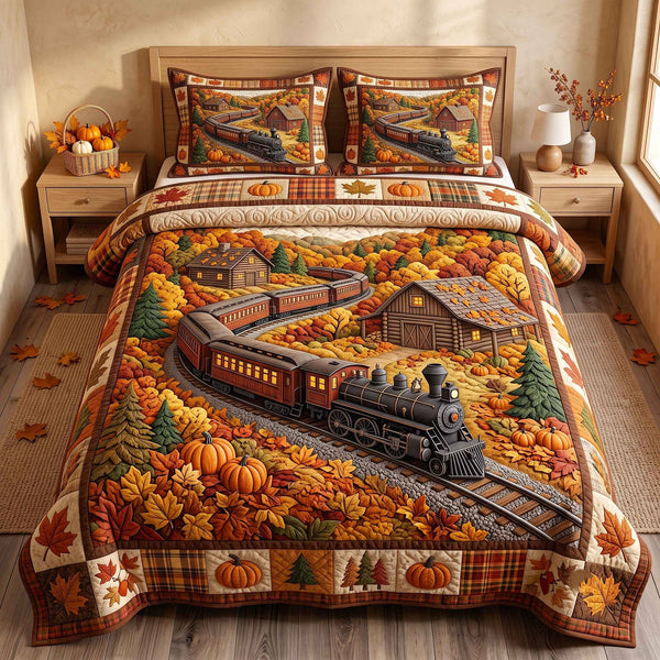 Autumn Express quilted 3-piece bedding set on a made bed with two matching pillow shams