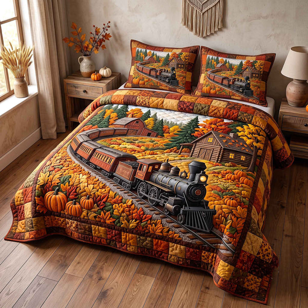 Autumn Express quilted 3-piece bedding set on a made bed with two matching pillow shams