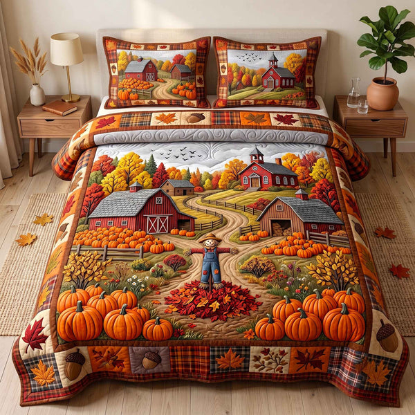 Autumn Homestead quilted 3-piece bedding set on a made bed in a rustic timber bedroom