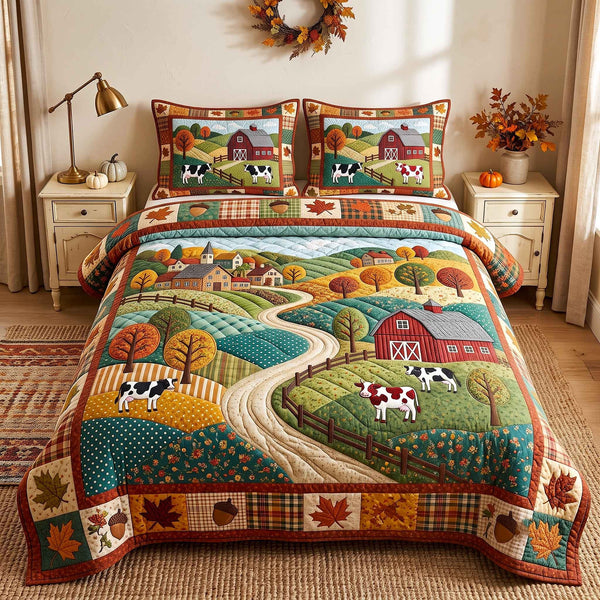 Autumn Homestead quilted 3-piece bedding set on a made bed in a rustic timber bedroom
