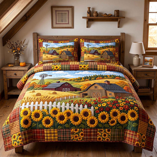 Autumn Homestead quilted 3-piece bedding set on a made bed in a rustic timber bedroom