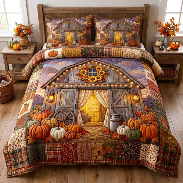 Autumn Homestead quilted 3-piece bedding set on a made bed in a rustic timber bedroom