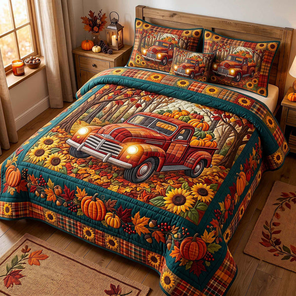 Autumn Homestead quilted 3-piece bedding set on a made bed in a rustic timber bedroom