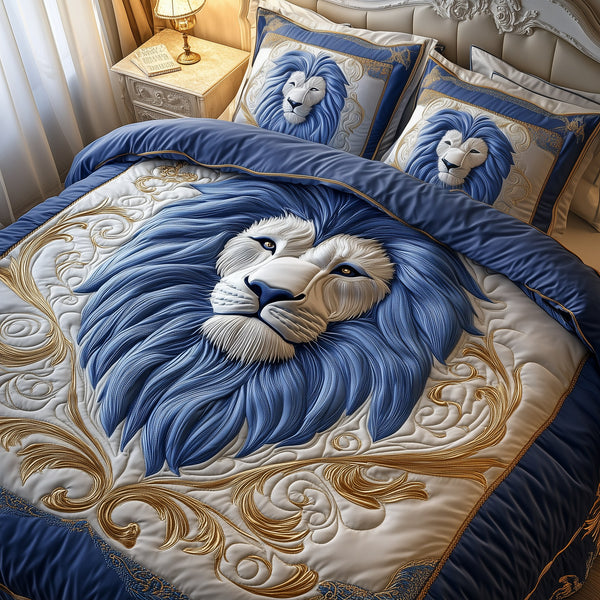 Blue Swirl Majestic Lion quilted 3-piece bedding set on a made bed with two matching pillow shams