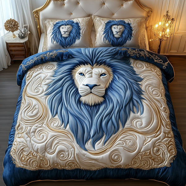 Blue Swirl Majestic Lion quilted 3-piece bedding set on a made bed with two matching pillow shams