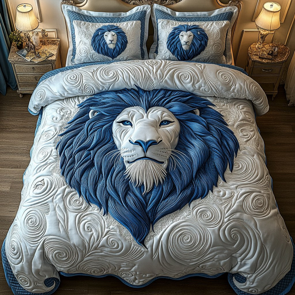 Blue Swirl Majestic Lion 3-Piece Quilted Bedding Set - Design 3 — quilt and two matching pillow shams