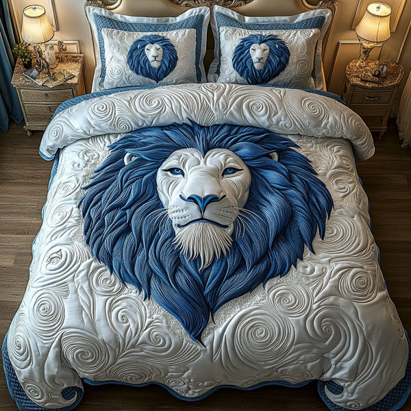 Blue Swirl Majestic Lion quilted 3-piece bedding set on a made bed with two matching pillow shams